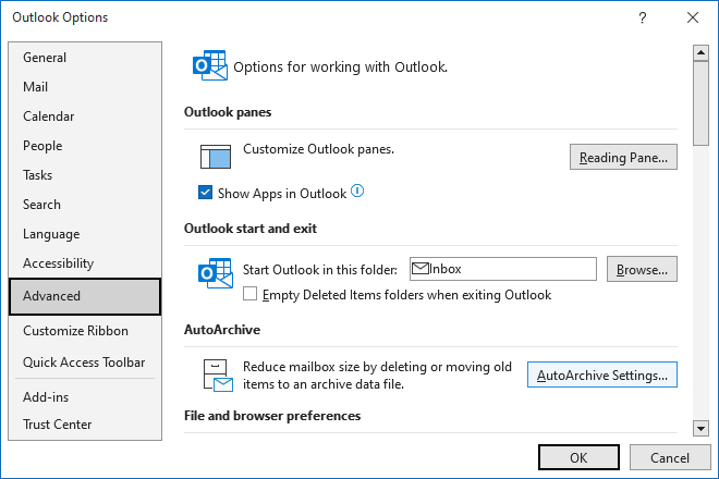 AutoArchive Settings in Outlook 365 Options