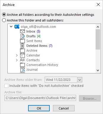AutoArchive dialog box in Outlook 365