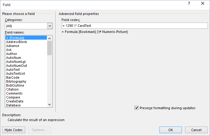 Field in Word 2016