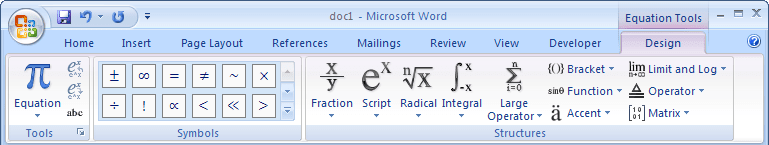 Equation Tools Design in Word 2007