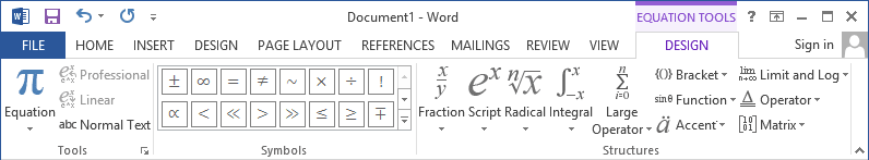 Equation Tools Design in Word 2013
