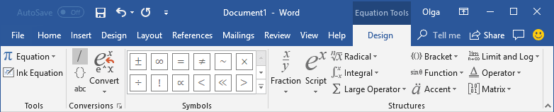 Equation Tools Design in Word 2016