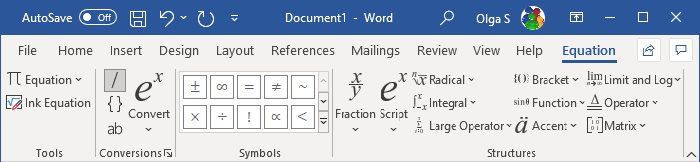 Equation Tools Design in Word 365
