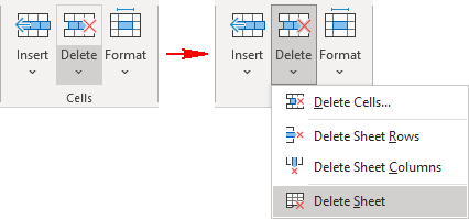 Delete Sheet in the ribbon Excel 365