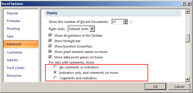 Indicator option in Excel 2007