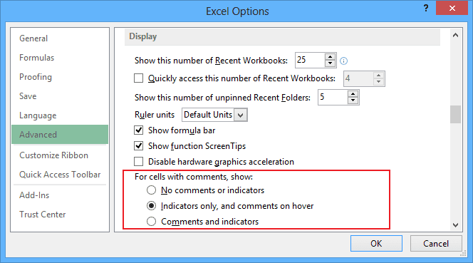 Indicator options in Excel 2013