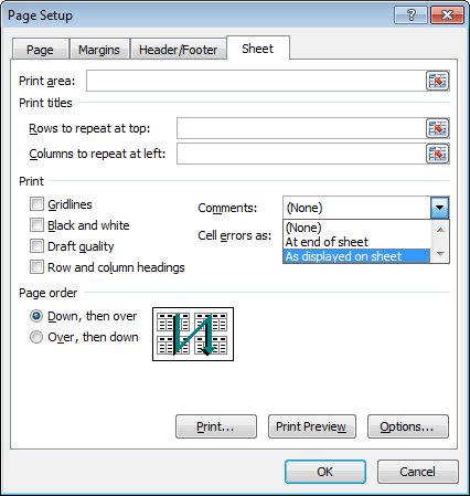 Page Setup dialog box in Excel 2010