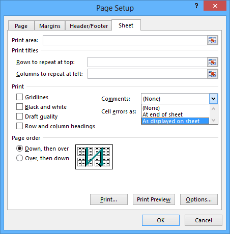 Page Setup dialog box in Excel 2013