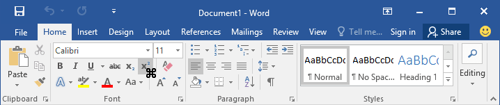 Toolbar with cursor in Word 2016