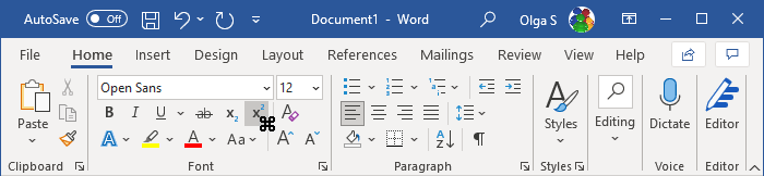 Toolbar with cursor in Word 365