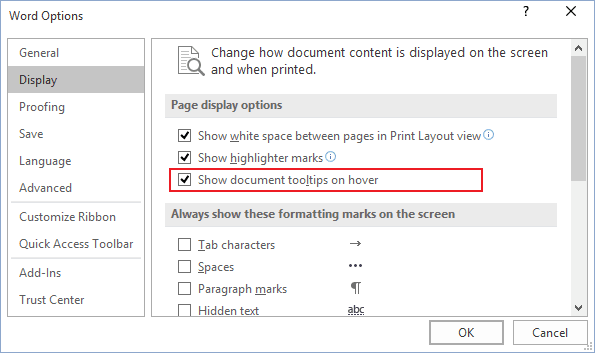 Display tab Word 2016