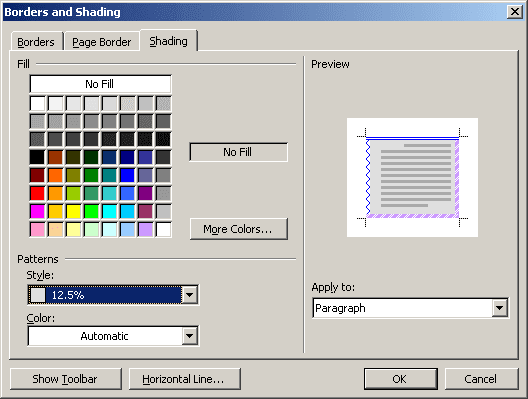 Shading in Word 2003