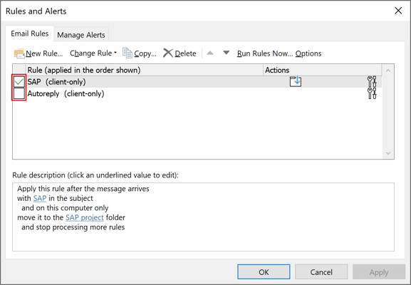 Turn off rules in Outlook 365