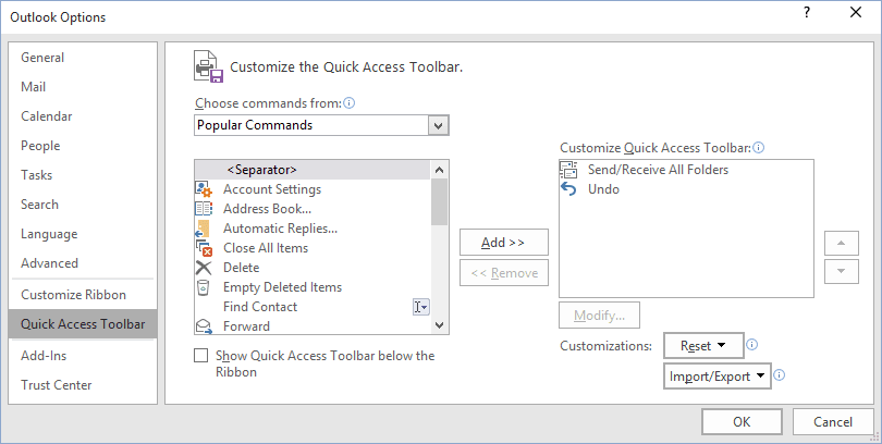 Quick Access Toolbar menu in Outlook 2016 Options