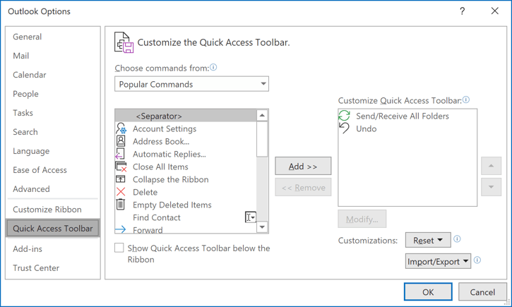 Quick Access Toolbar menu in Outlook 365 Options