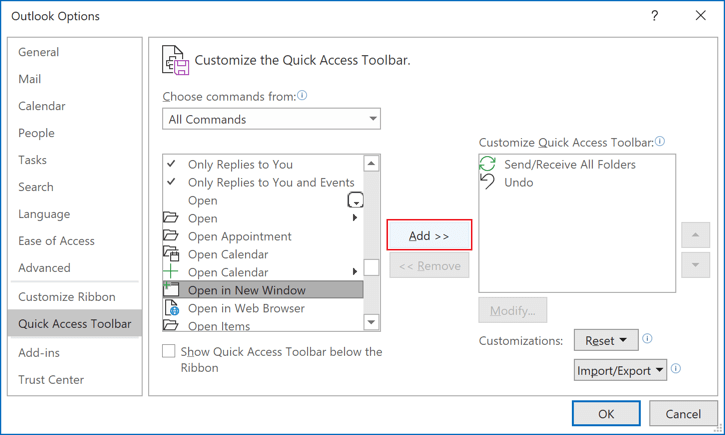 Add command to Quick Access Toolbar in Outlook 365