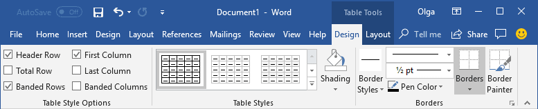 Table Tools in Word 2016
