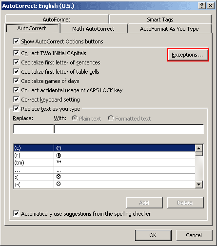 AutoCorrect Exceptions in Office 2007