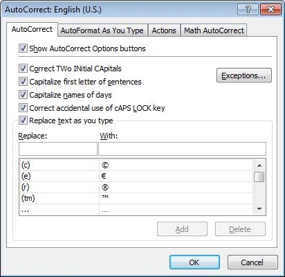 AutoCorrect Exceptions in Office 2010
