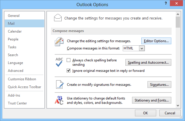 Mail Options Outlook 2013