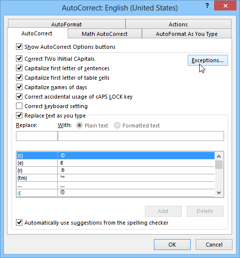 AutoCorrect Exceptions in Office 2013