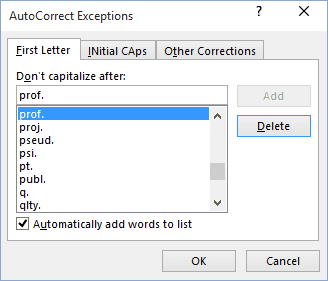 First Letter Exceptions in Office 2016