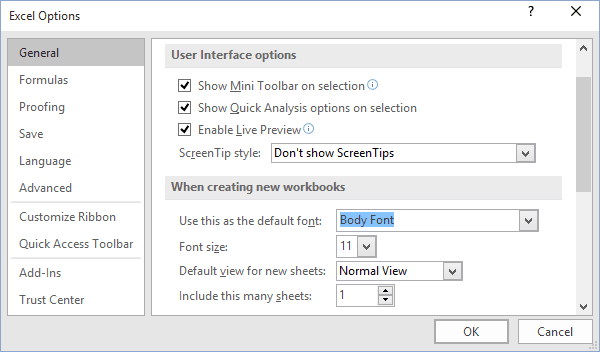 Default font options in Excel 2016