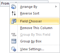 Column header bar popup Outlook 2010