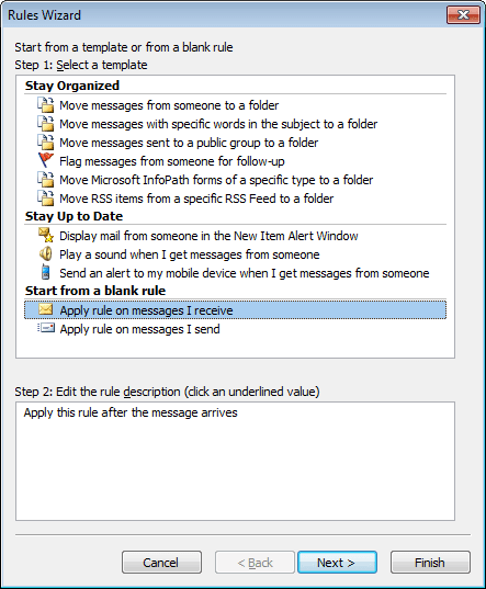 Rules Wizard Step 1 in Outlook 2010