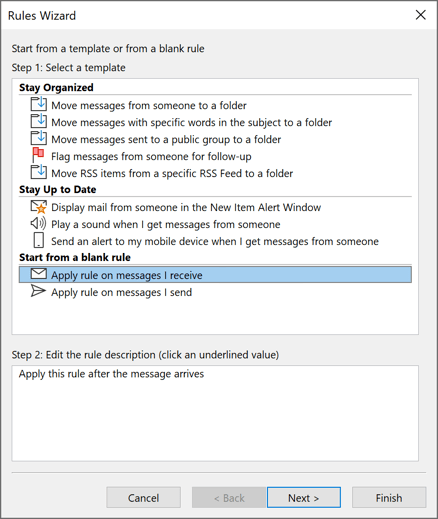 Rules Wizard Step 1 in Outlook 365