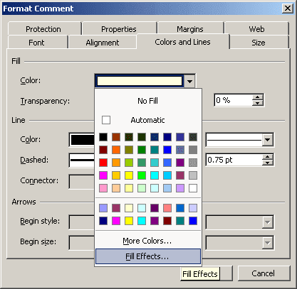 Comment color in Excel 2003