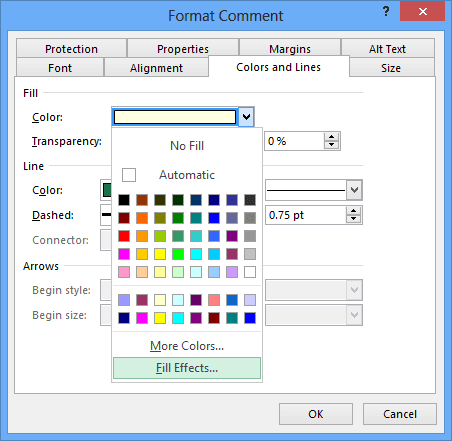 Comment color in Excel 2013
