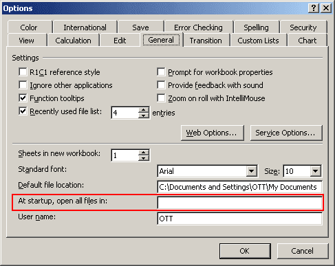 Start Up Location in Excel 2003