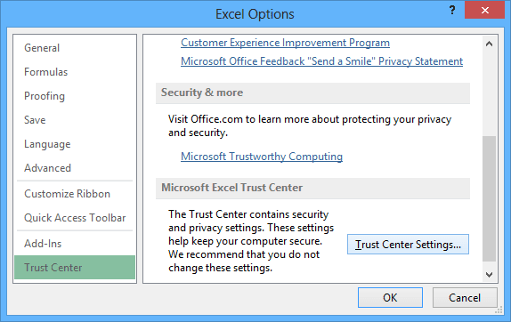 Trast Center in Excel 2013 Options