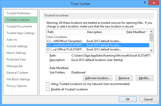 Trast Center Locations in Excel 2013