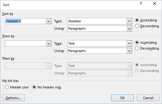 Sort table in Word 2016