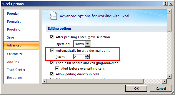 Excel 2007 decimal point options