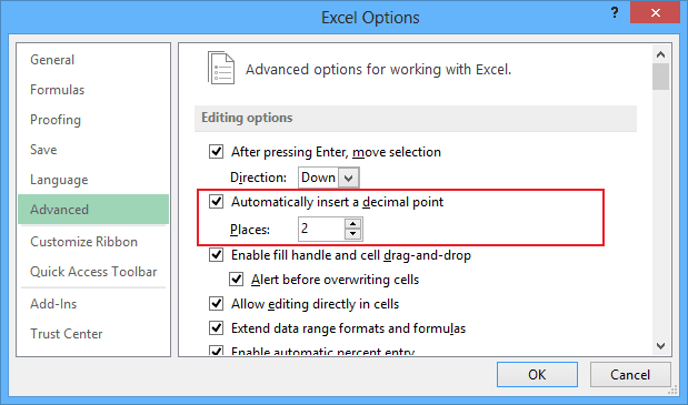 Excel 2013 decimal point options