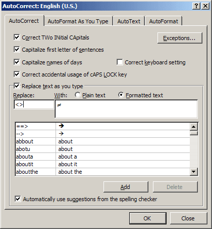 AutoCorrect in Word 2007