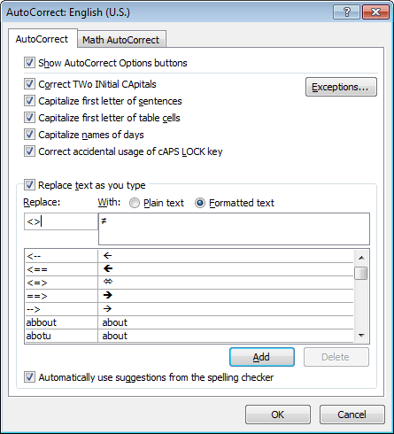 AutoCorrect in Word 2010