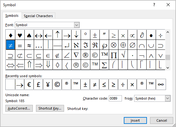 Select the symbol in Word 365