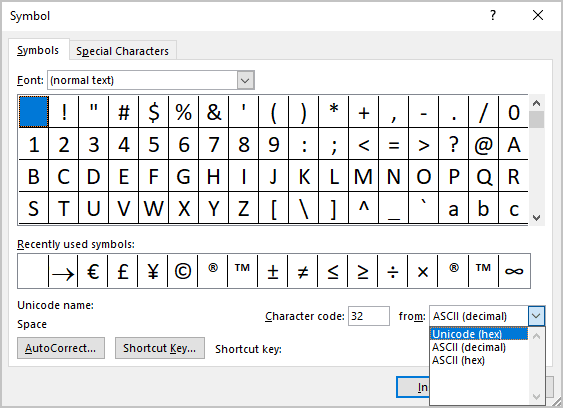 Select Unicode (hex) in Word 365