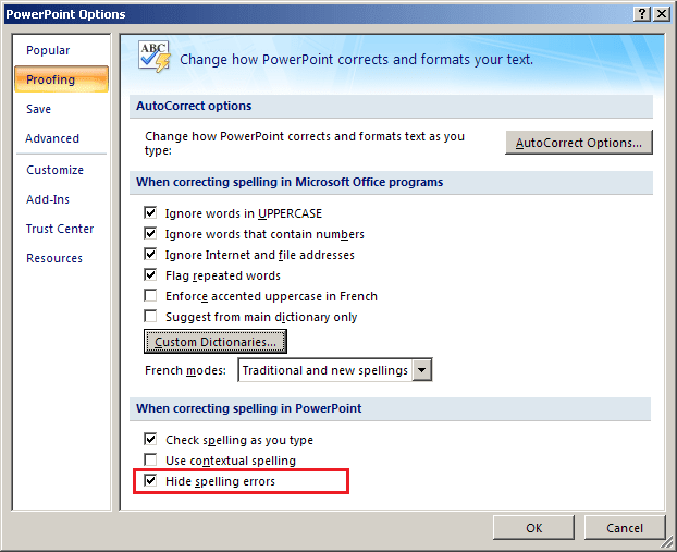 Proofing options in PowerPoint 2007