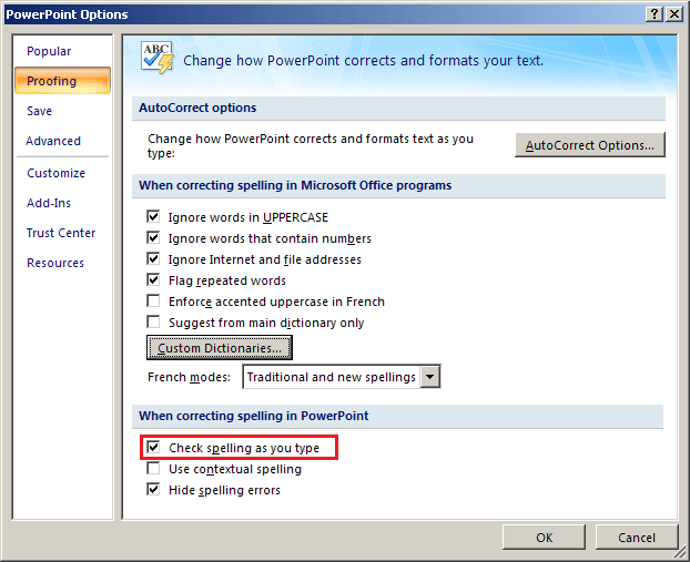 Proofing options in PowerPoint 2007