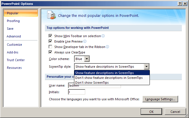 General PowerPoint 2007 options
