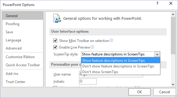 General PowerPoint 2016 options