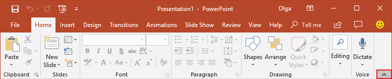 Minimize Ribbon button PowerPoint 2016