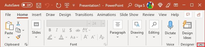 Minimize Ribbon button PowerPoint 365