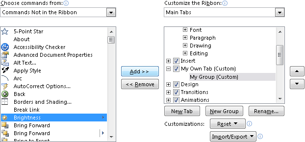 Add command in the group in PowerPoint 2010