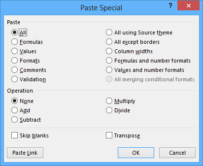 Paste special in Excel 2013